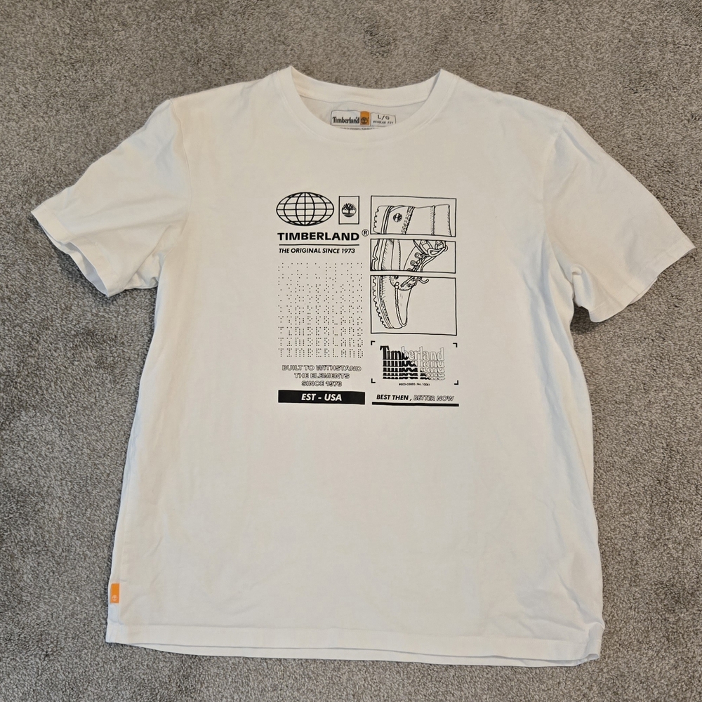 2 Timberland Short Sleeve Tees with Artistic Flair.  Large, White and Rust